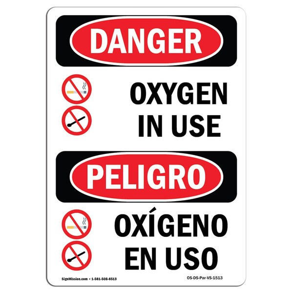 Safety Sign, OSHA Danger, 5" Height, Oxygen In Use Bilingual Spanish, 10PK